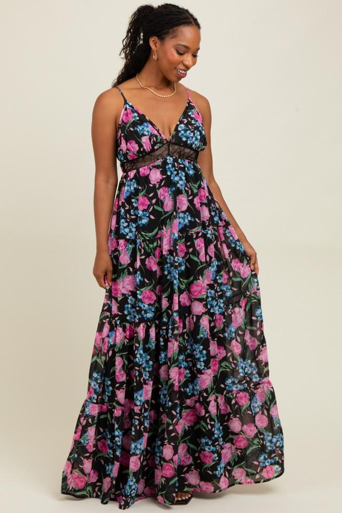 black floral lace inset tiered maxi dress
