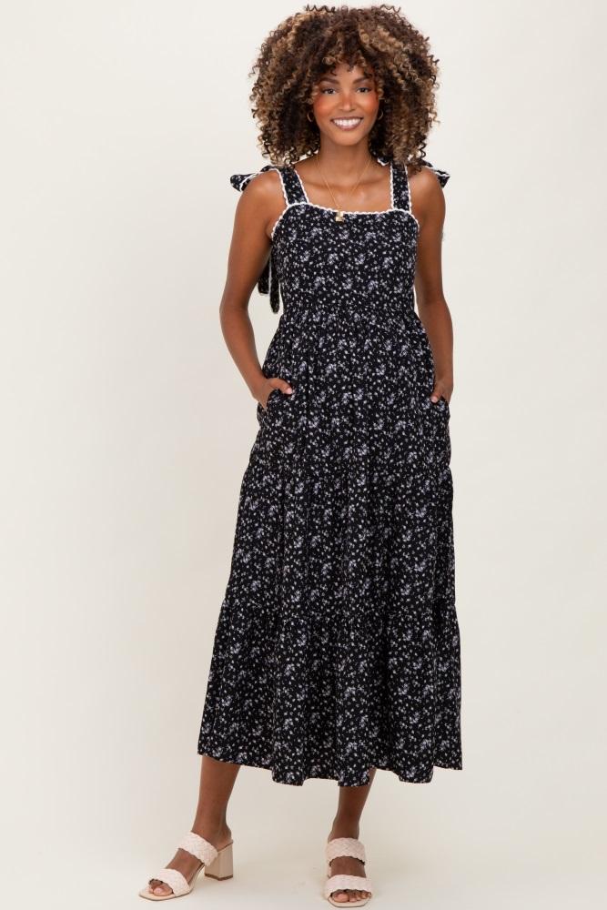 black floral lace trim shoulder tie maternity maxi dress