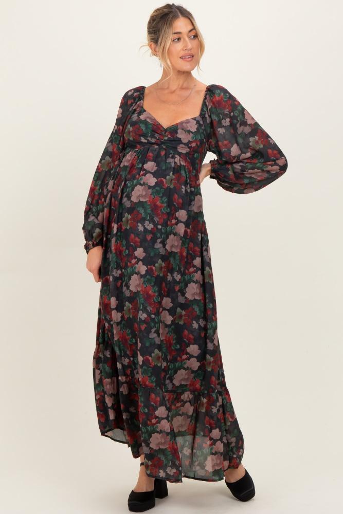 black floral long balloon sleeve sweetheart neck maternity maxi dress