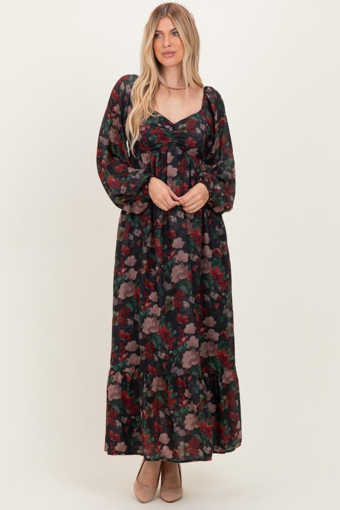 black floral long balloon sleeve sweetheart neck maxi dress