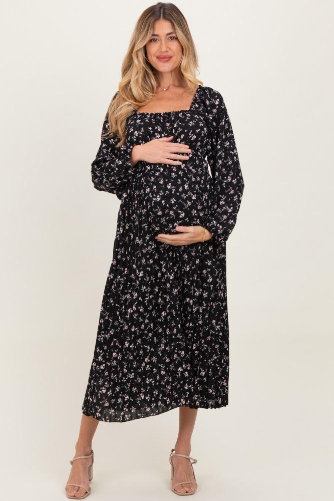 black floral long sleeve maternity midi dress