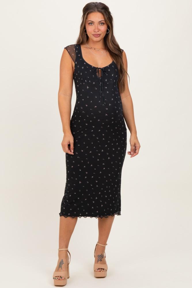 black floral mesh front tie cutout maternity midi dress