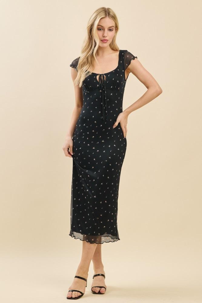 black floral mesh front tie cutout midi dress
