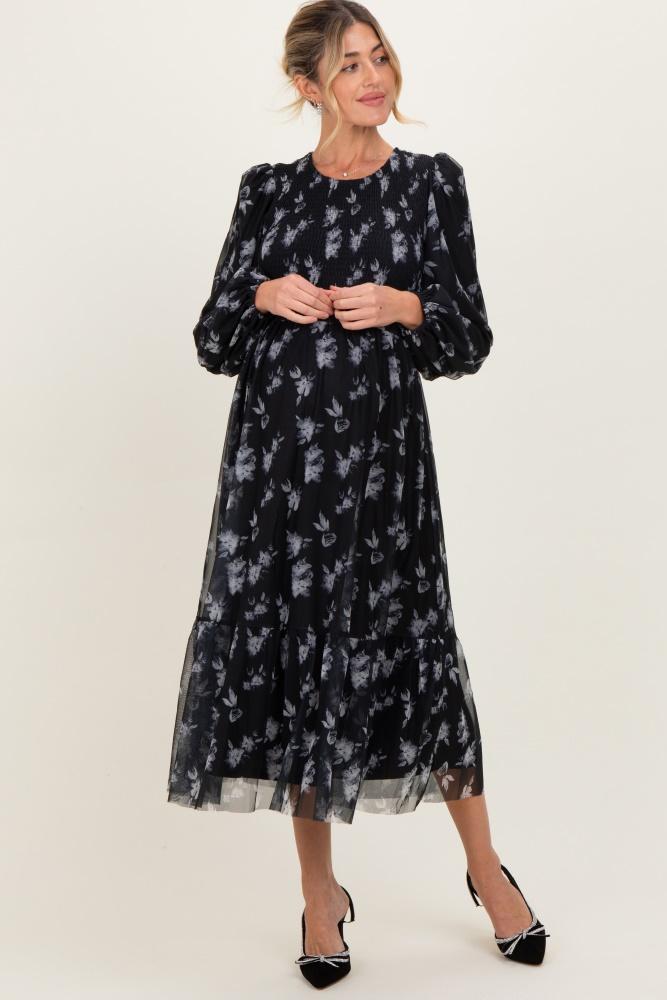 black floral mesh smocked maternity midi dress