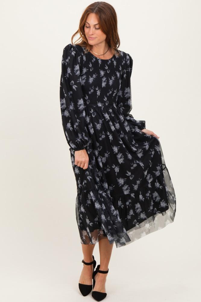 black floral mesh smocked midi dress