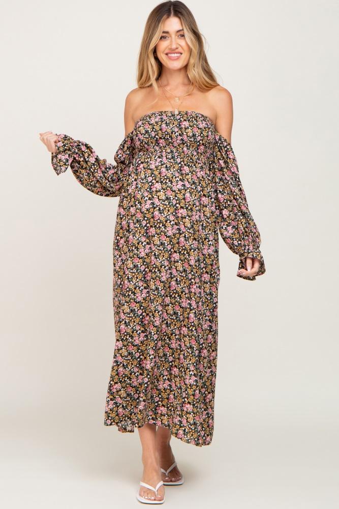 black floral off shoulder long sleeve maternity maxi dress