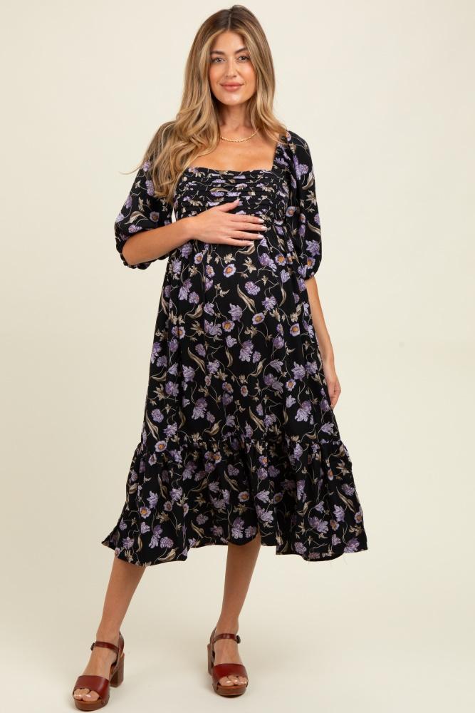 black floral pleated bodice 3/4 sleeve maternity midi dress