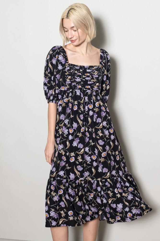 black floral pleated bodice 3/4 sleeve midi dress