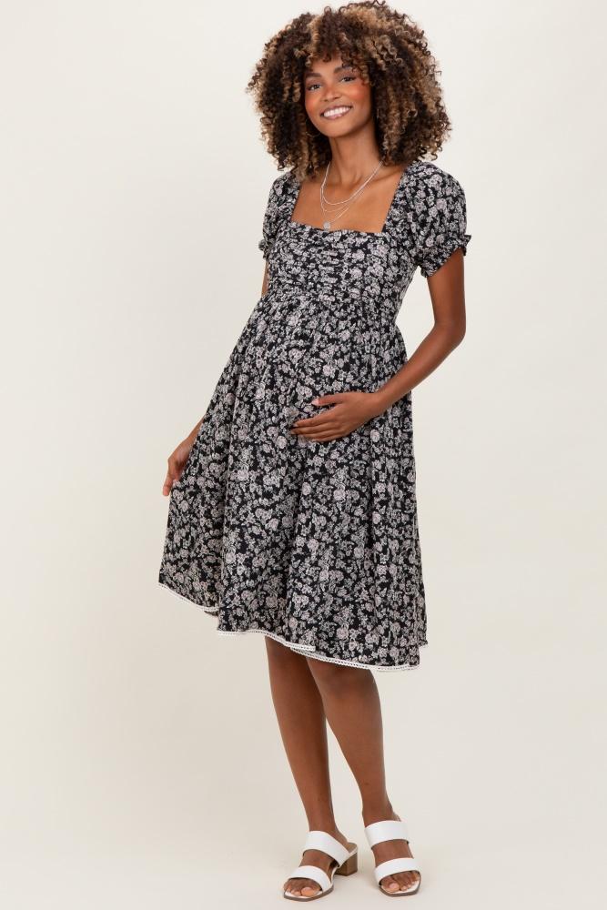 black floral pleated bodice puff sleeve maternity dress