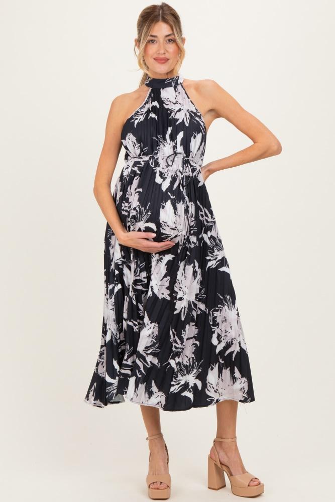 black floral pleated halter neck maternity midi dress