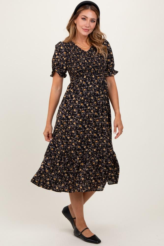 black floral print smocked ruffle hem midi dress