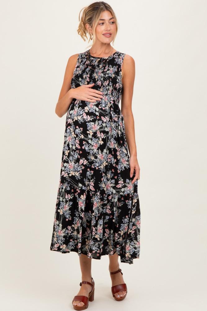 black floral print smocked top sleeveless tiered maternity maxi dress