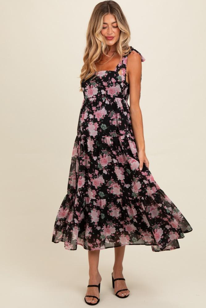 black floral print tie strap maternity midi dress