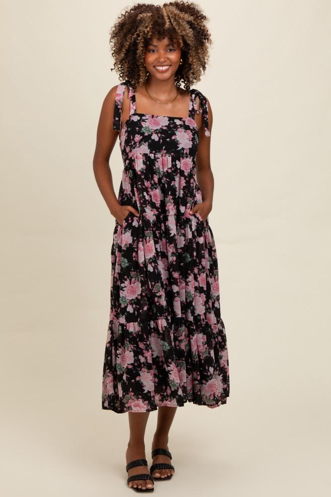 black floral print tie strap midi dress