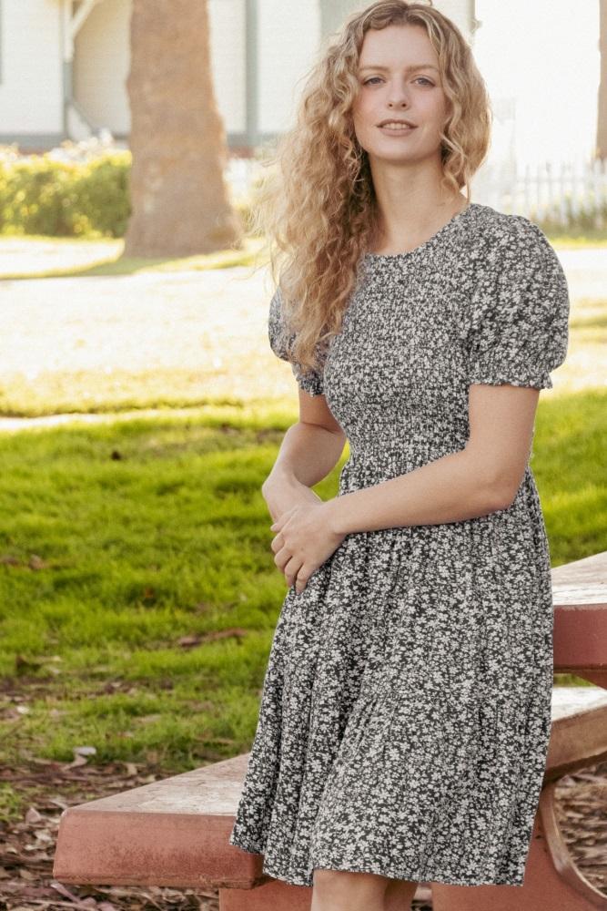 black floral puff sleeve smocked dress