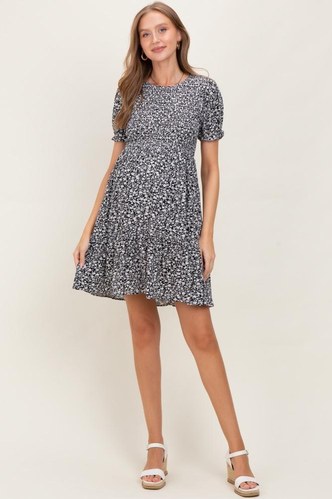 black floral puff sleeve smocked maternity dress