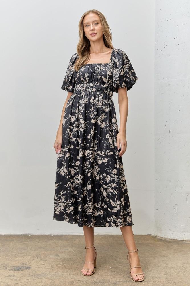 black floral puff sleeve smocked waist midi dress