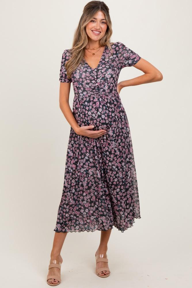 black floral reversible front cinched maternity midi dress