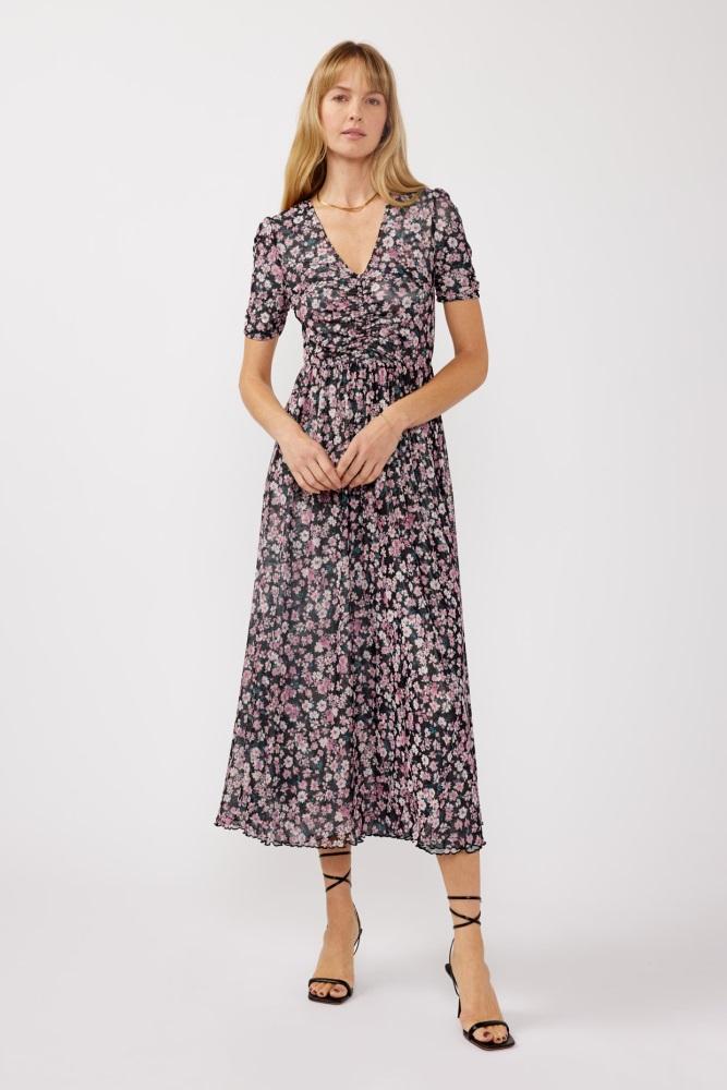 black floral reversible front cinched midi dress