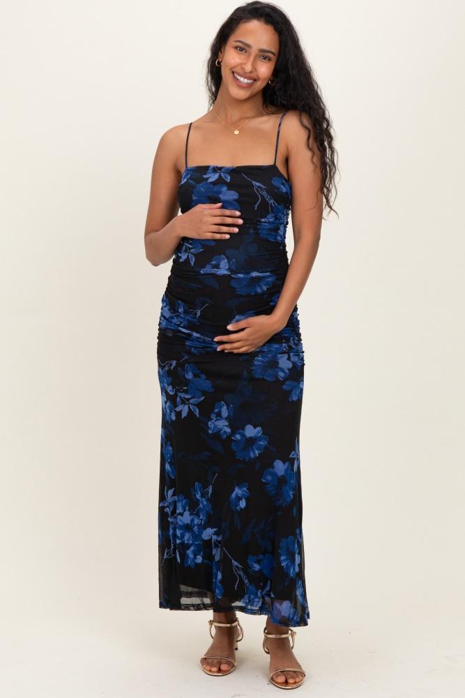 black floral ruched mesh maternity maxi dress