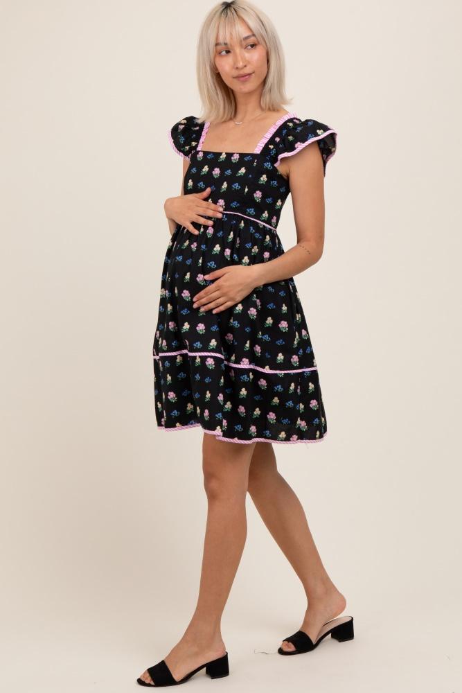 black floral ruffle strap maternity mini dress