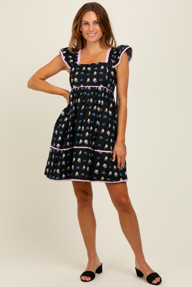black floral ruffle strap mini dress