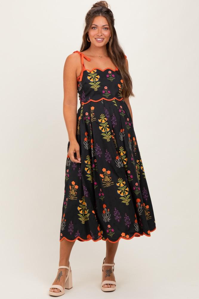 black floral scallop edge shoulder tie maternity midi dress