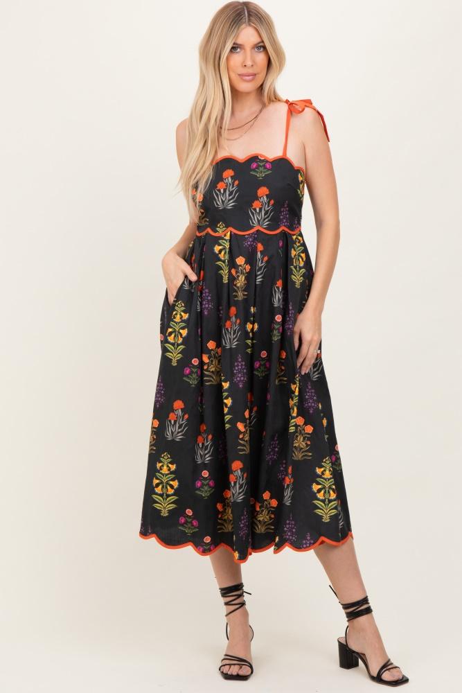 black floral scallop edge shoulder tie midi dress