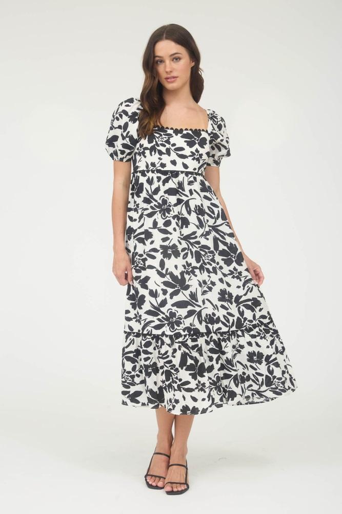 black floral scallop trim puff sleeve midi dress