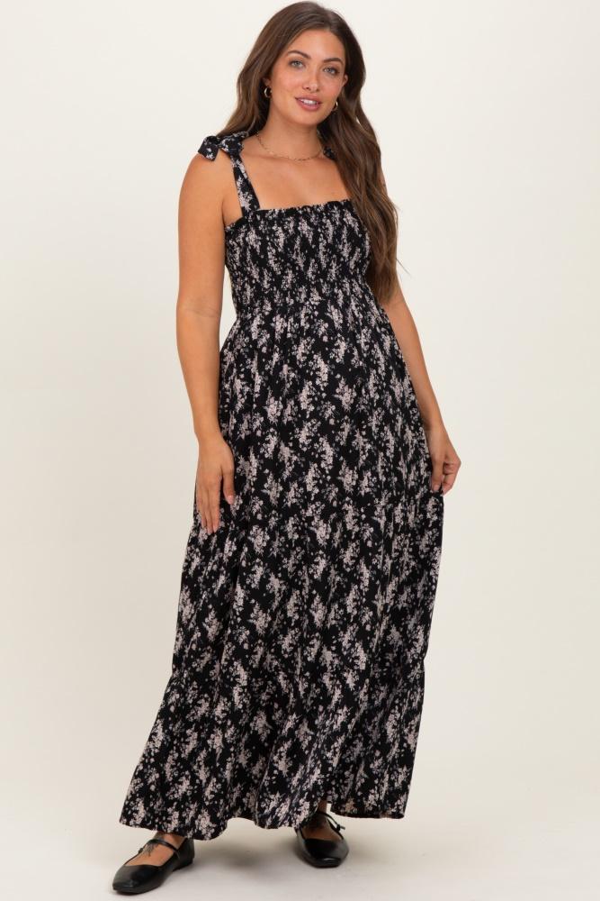 black floral shoulder tie maternity maxi dress