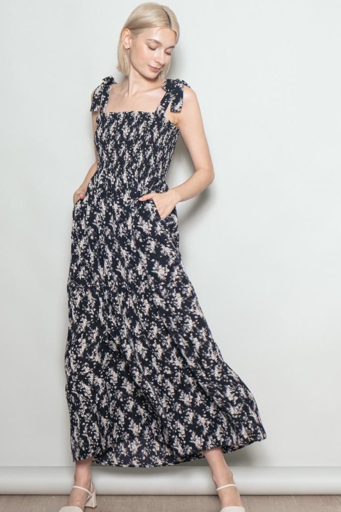 black floral shoulder tie maxi dress