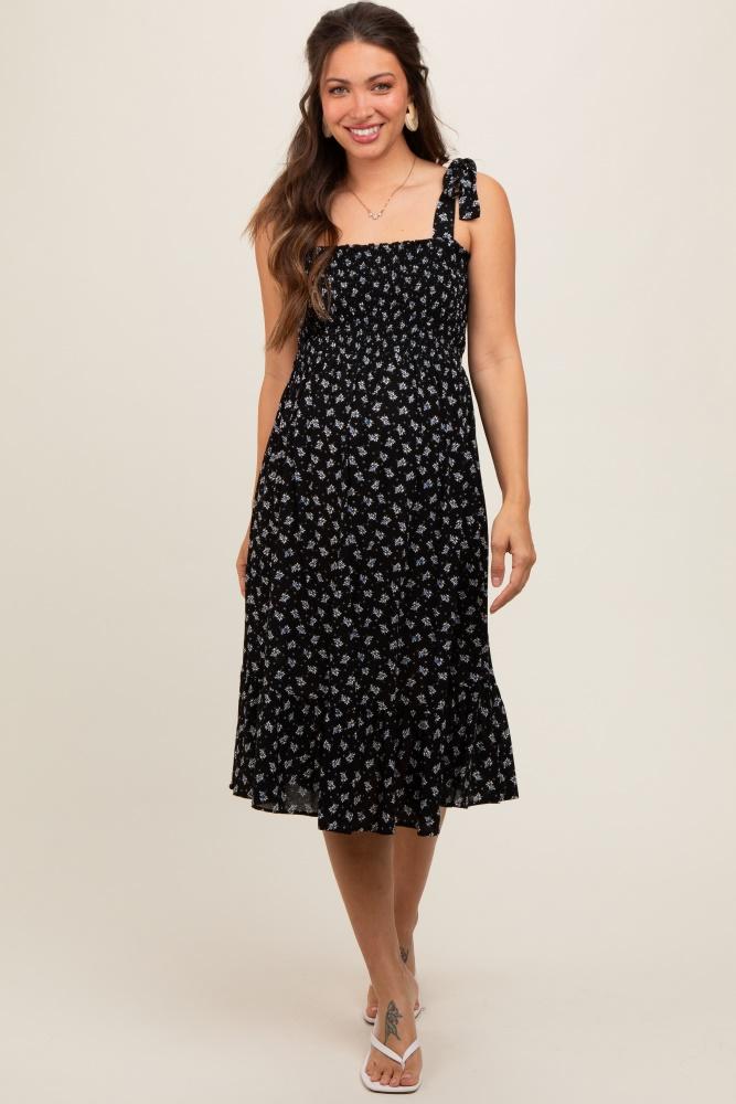 black floral sleeveless knotted strap maternity dress
