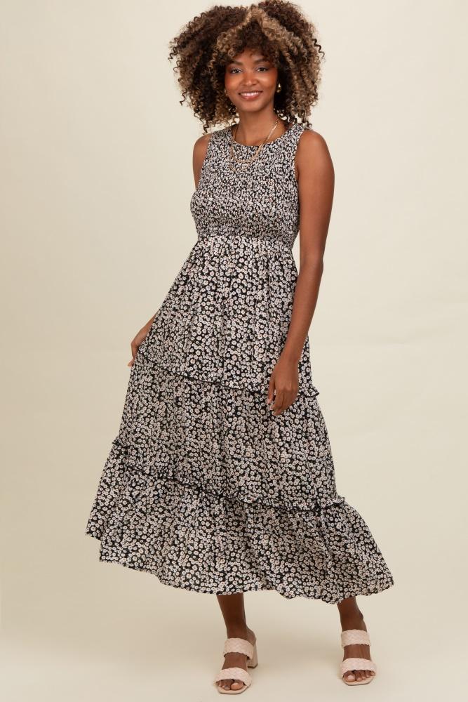 black floral sleeveless ruffle tiered maxi dress