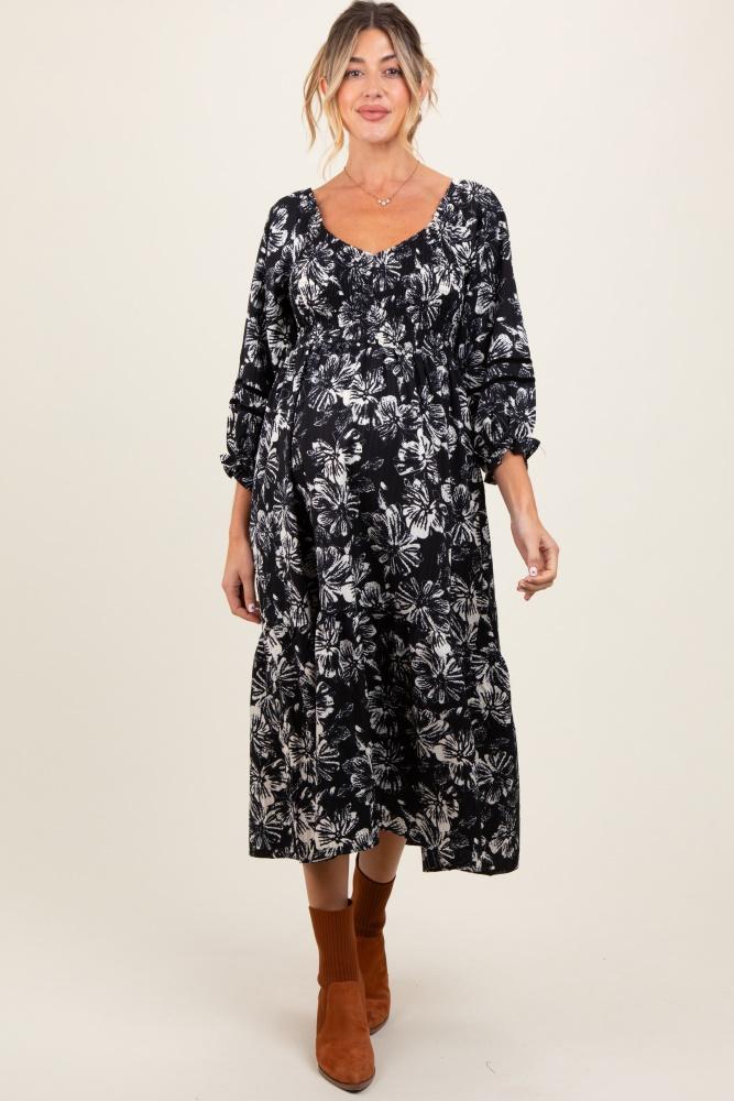 black floral smocked 3/4 sleeve tiered maternity midi dress