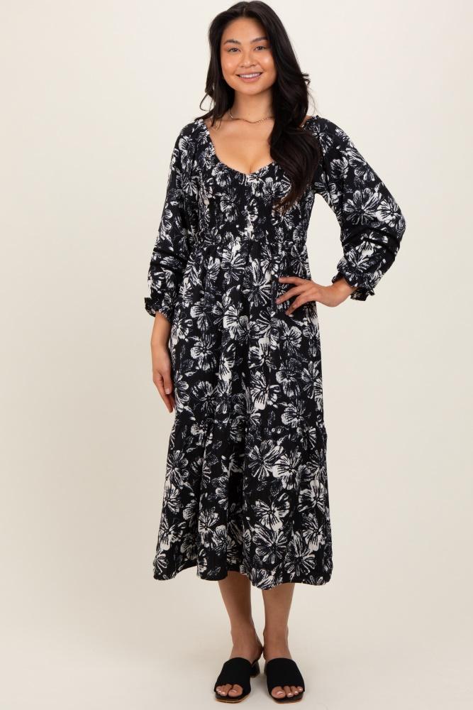 black floral smocked 3/4 sleeve tiered midi dress