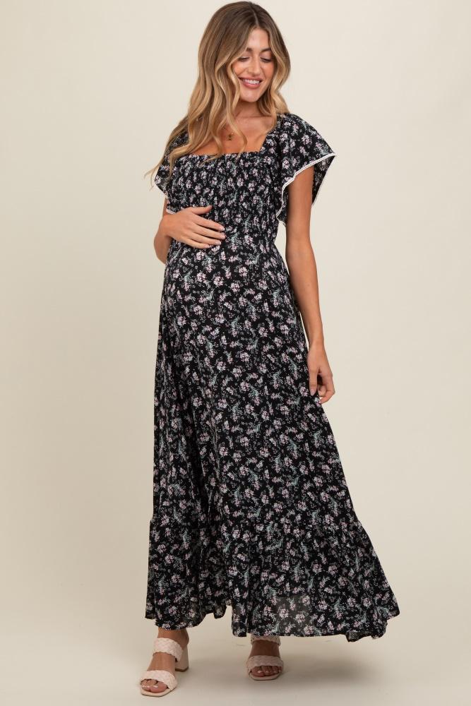 black floral smocked crochet trim maternity dress