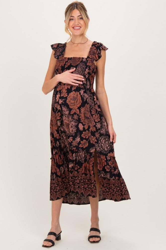 black floral smocked flutter sleeve maternity midi dress