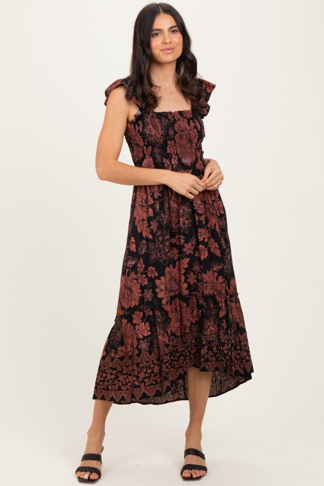 black floral smocked flutter sleeve midi dress