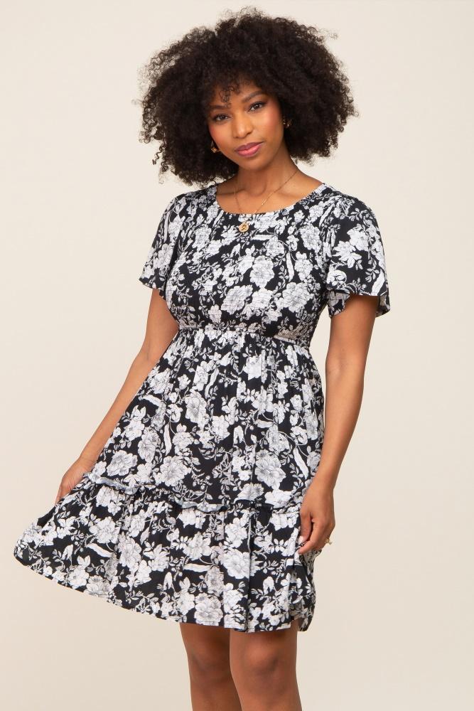 black floral smocked gathered tier dress