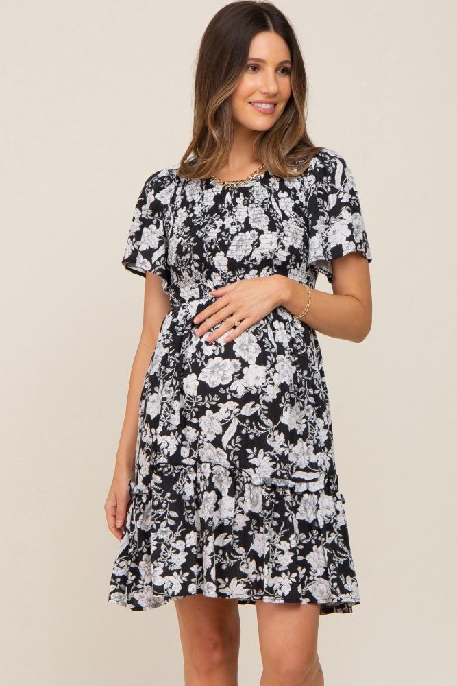 black floral smocked gathered tier maternity dress
