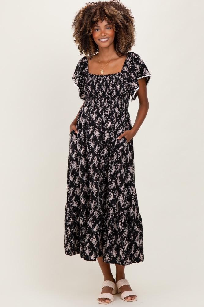 black floral smocked lace trim flutter sleeve maternity midi dress