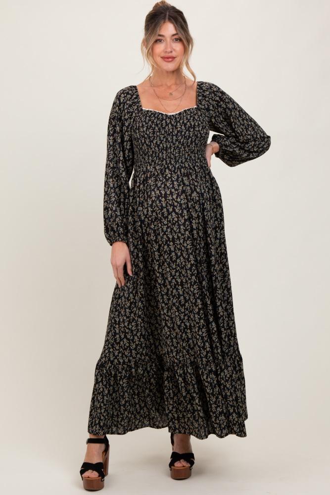 black floral smocked lace trim sweetheart maternity maxi dress