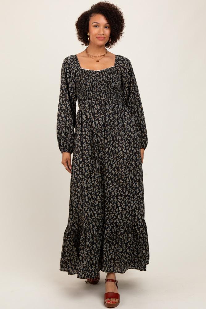 black floral smocked lace trim sweetheart maxi dress