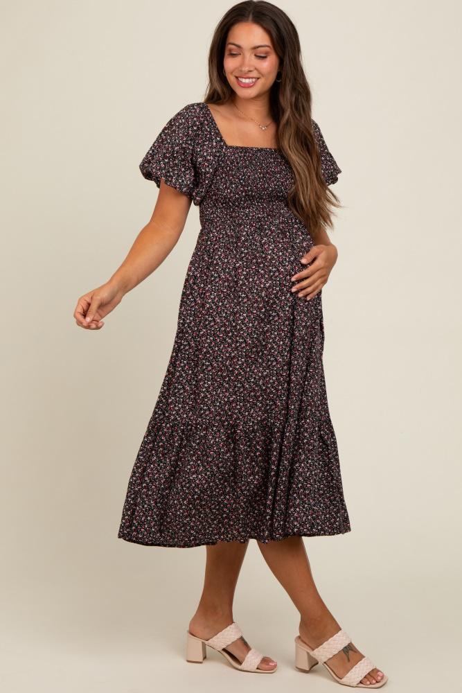 black floral smocked maternity midi dress