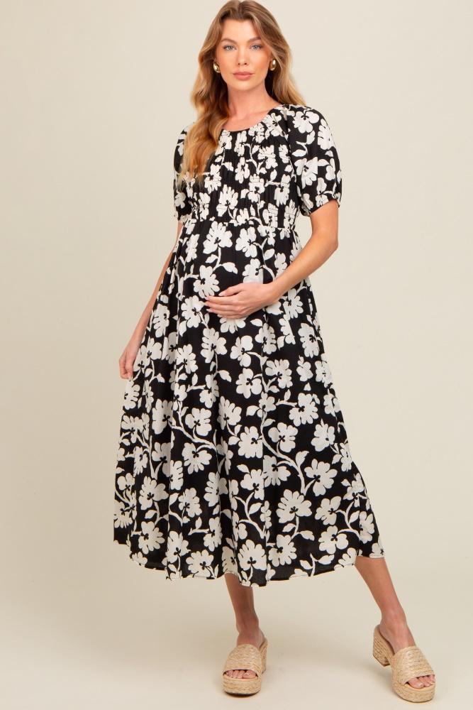 black floral smocked maternity midi dress