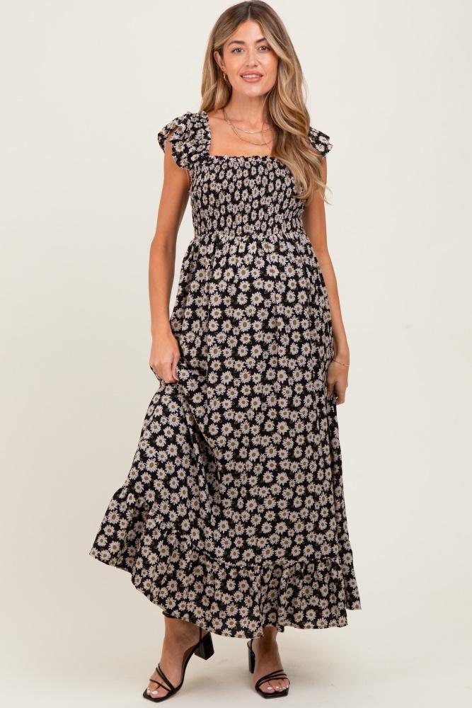 black floral smocked maternity midi dress