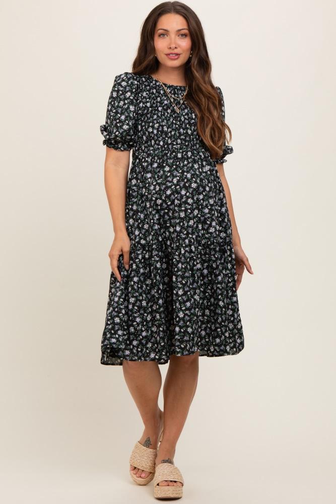 black floral smocked maternity midi dress