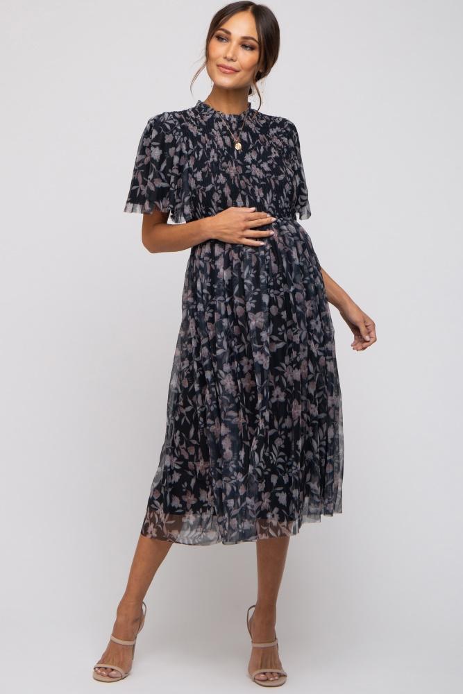black floral smocked mesh knit maternity midi dress