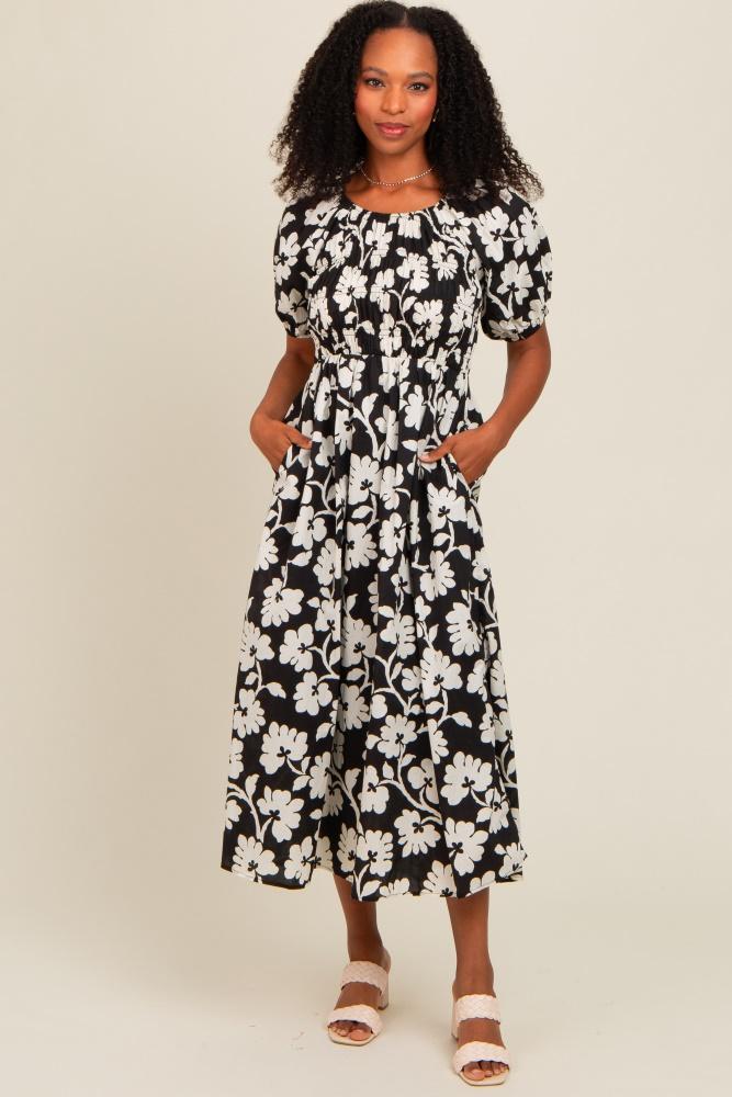 black floral smocked midi dress