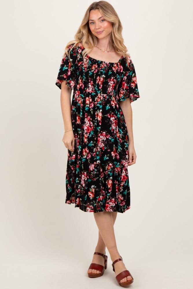 black floral smocked midi dress